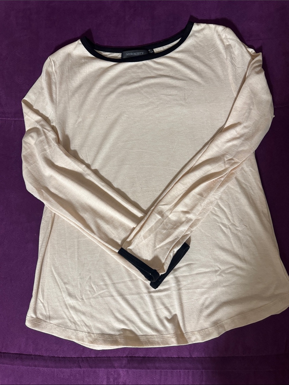 MINKPINK Cream Long Sleeve Tee with Black Contrast Trim